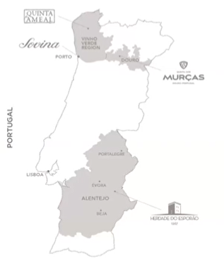 Image of a map of Portugal and the Vinho Verde and Douro regions.